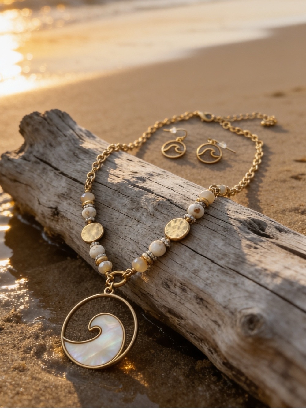 Gold and Mother-of-Pearl Wave Pendant Necklace and Earring Set